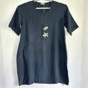 Colette Linen Dress OSFM One Size Blue Made In Italy Pockets Star Oversize New